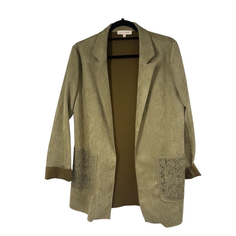 SOLITAIRE Jacket Womens S Olive Khaki Faux Suede Lace Pockets Bohemian Casual